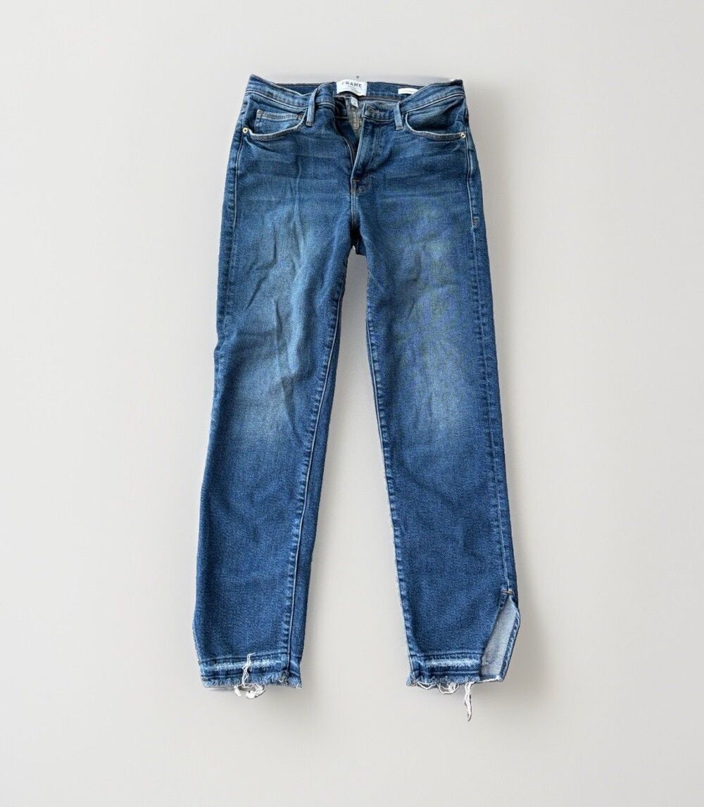 FRAME Le Nouveau Straight Jeans Womens 28 Blue Split Raw Frayed Hem Crop Stretch